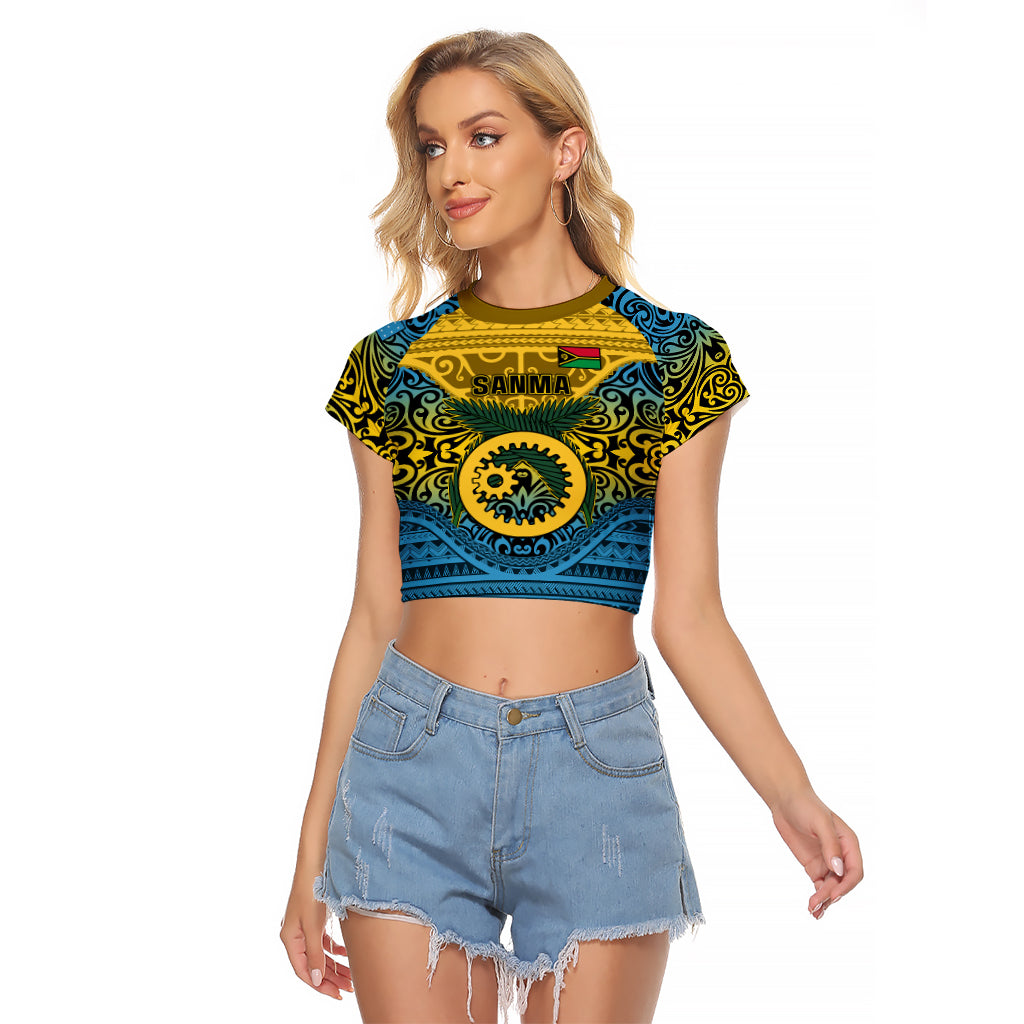 Personalized Vanuatu Sanma Province Raglan Cropped T Shirt Coat Of Arms And Namele Fern Polynesian Pattern LT05 Female Yellow - Polynesian Pride
