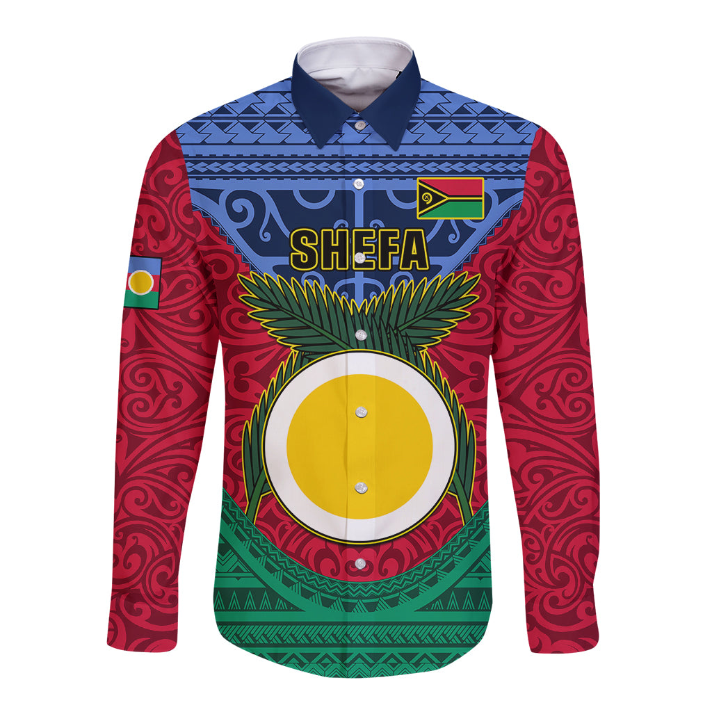 Personalized Vanuatu Shefa Province Long Sleeve Button Shirt Coat Of Arms And Namele Fern Polynesian Pattern LT05 Unisex Red - Polynesian Pride