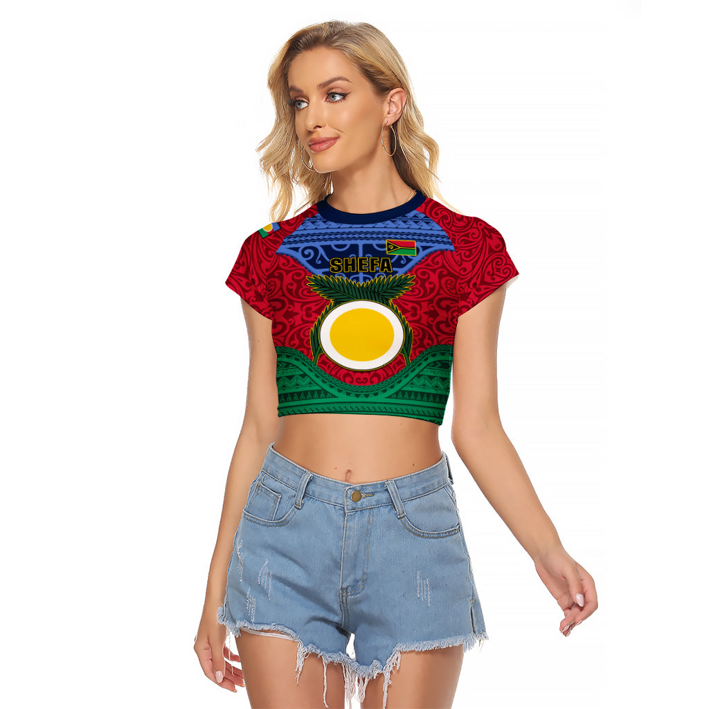 Personalized Vanuatu Shefa Province Raglan Cropped T Shirt Coat Of Arms And Namele Fern Polynesian Pattern LT05 Female Red - Polynesian Pride