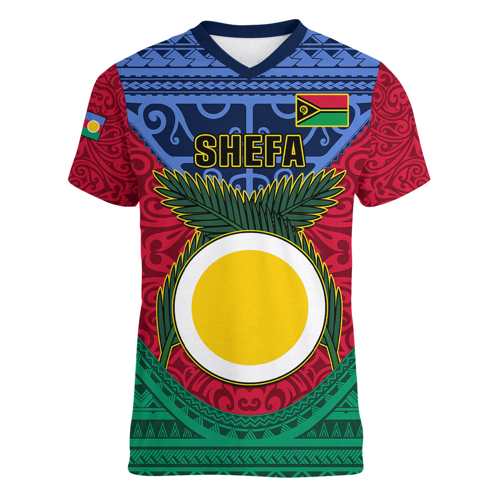 Personalized Vanuatu Shefa Province Women V Neck T Shirt Coat Of Arms And Namele Fern Polynesian Pattern LT05 Female Red - Polynesian Pride