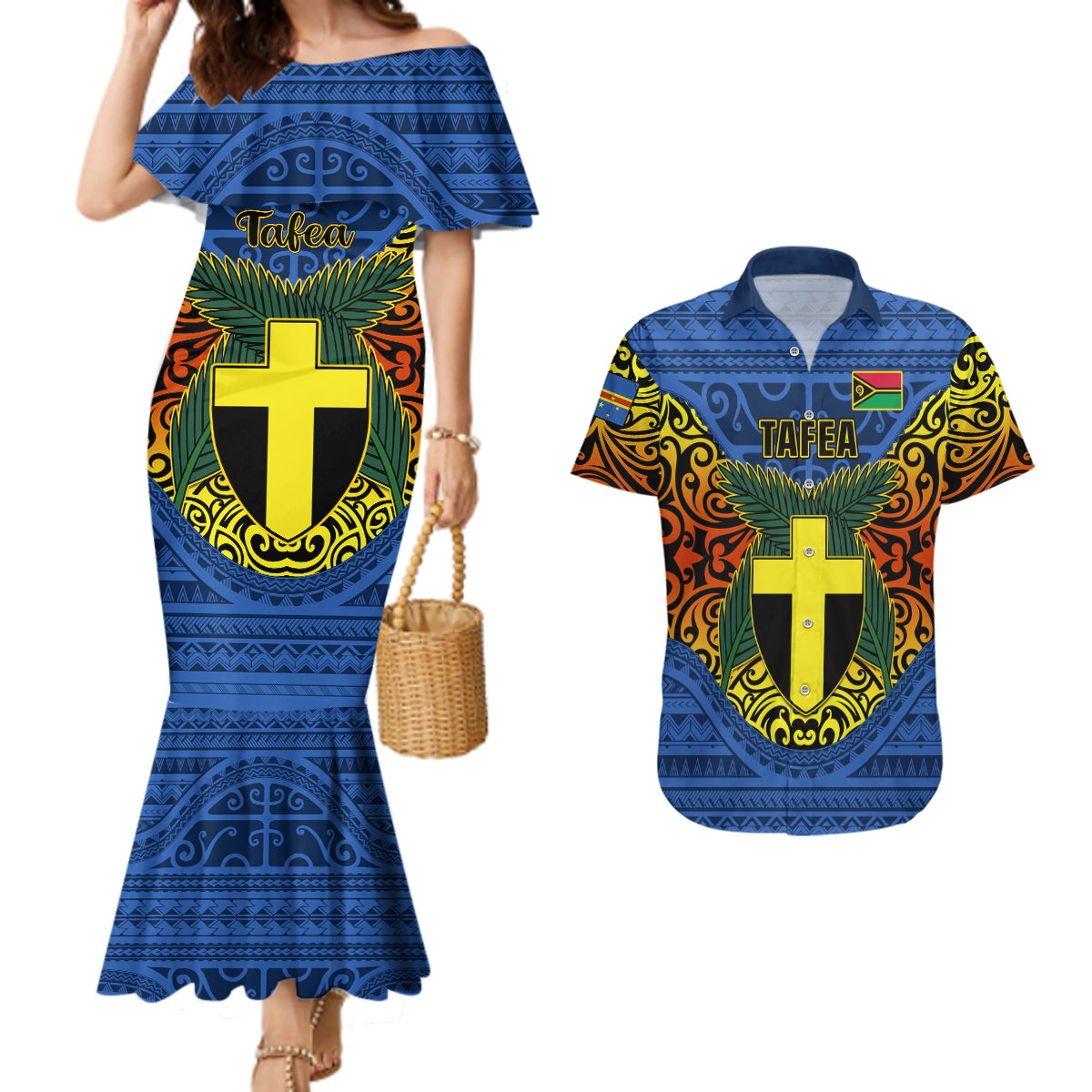 Vanuatu Tafea Province Couples Matching Mermaid Dress and Hawaiian Shirt Coat Of Arms And Namele Fern Polynesian Pattern LT05 Blue - Polynesian Pride