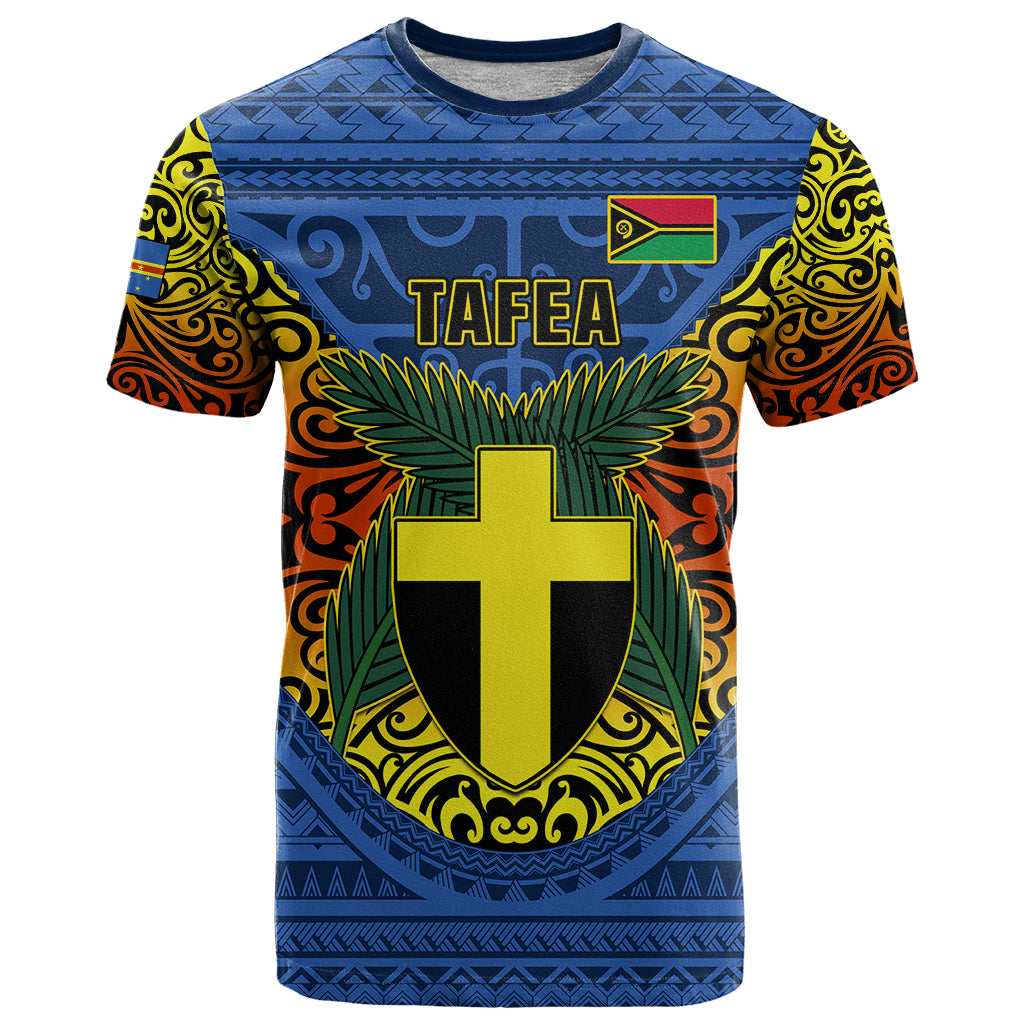Vanuatu Tafea Province T Shirt Coat Of Arms And Namele Fern Polynesian Pattern LT05 Blue - Polynesian Pride