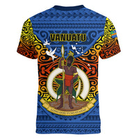 Vanuatu Tafea Province Women V Neck T Shirt Coat Of Arms And Namele Fern Polynesian Pattern LT05 - Polynesian Pride