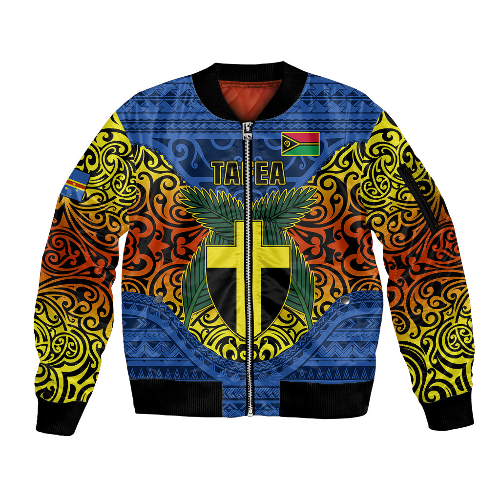 Personalized Vanuatu Tafea Province Sleeve Zip Bomber Jacket Coat Of Arms And Namele Fern Polynesian Pattern LT05 Unisex Blue - Polynesian Pride