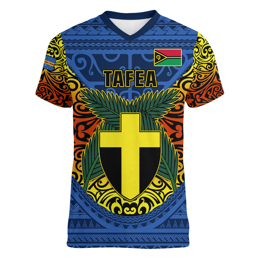 Personalized Vanuatu Tafea Province Women V Neck T Shirt Coat Of Arms And Namele Fern Polynesian Pattern LT05 Female Blue - Polynesian Pride