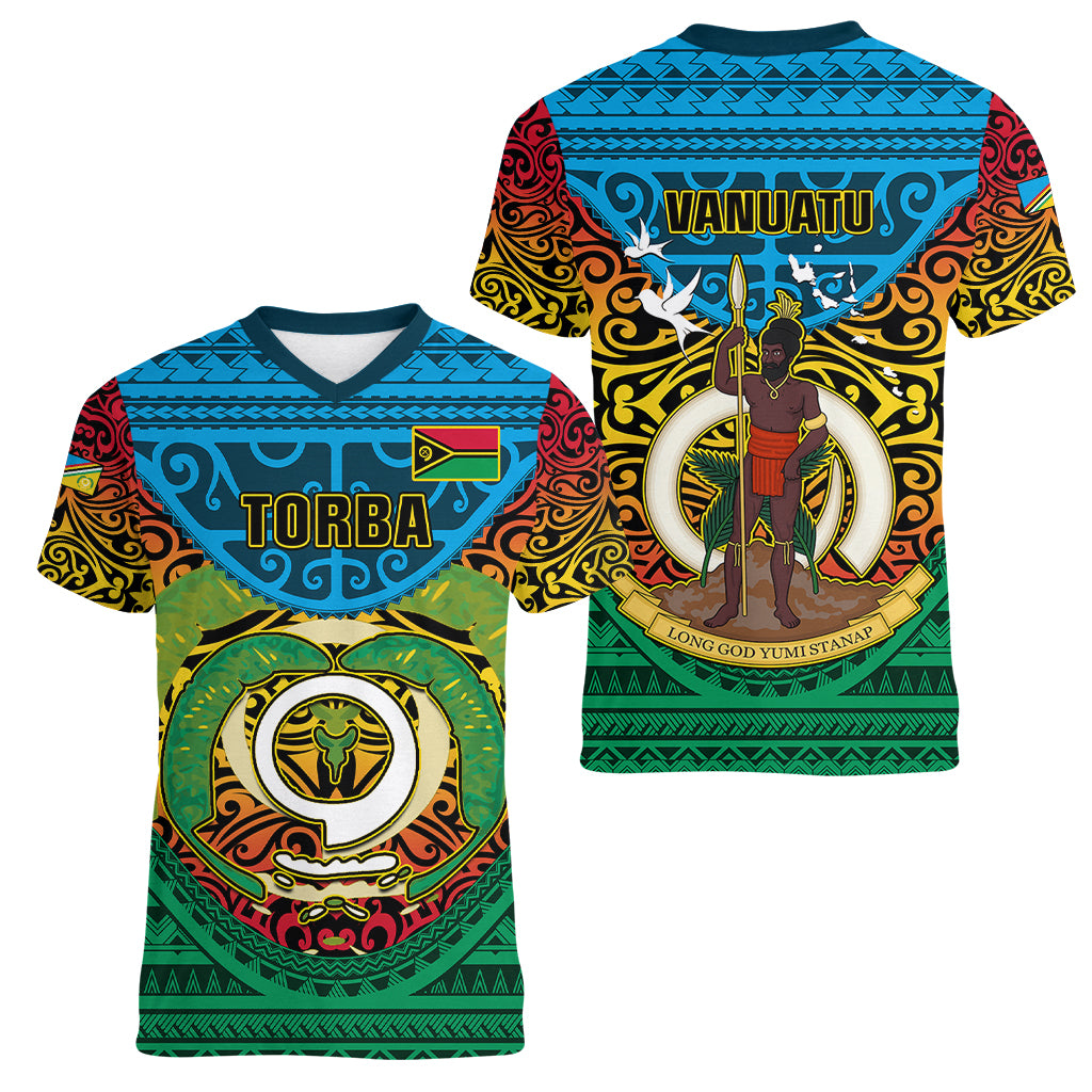 Vanuatu Torba Province Women V Neck T Shirt Vanuatuan Coat Of Arms Polynesian Pattern LT05 - Polynesian Pride