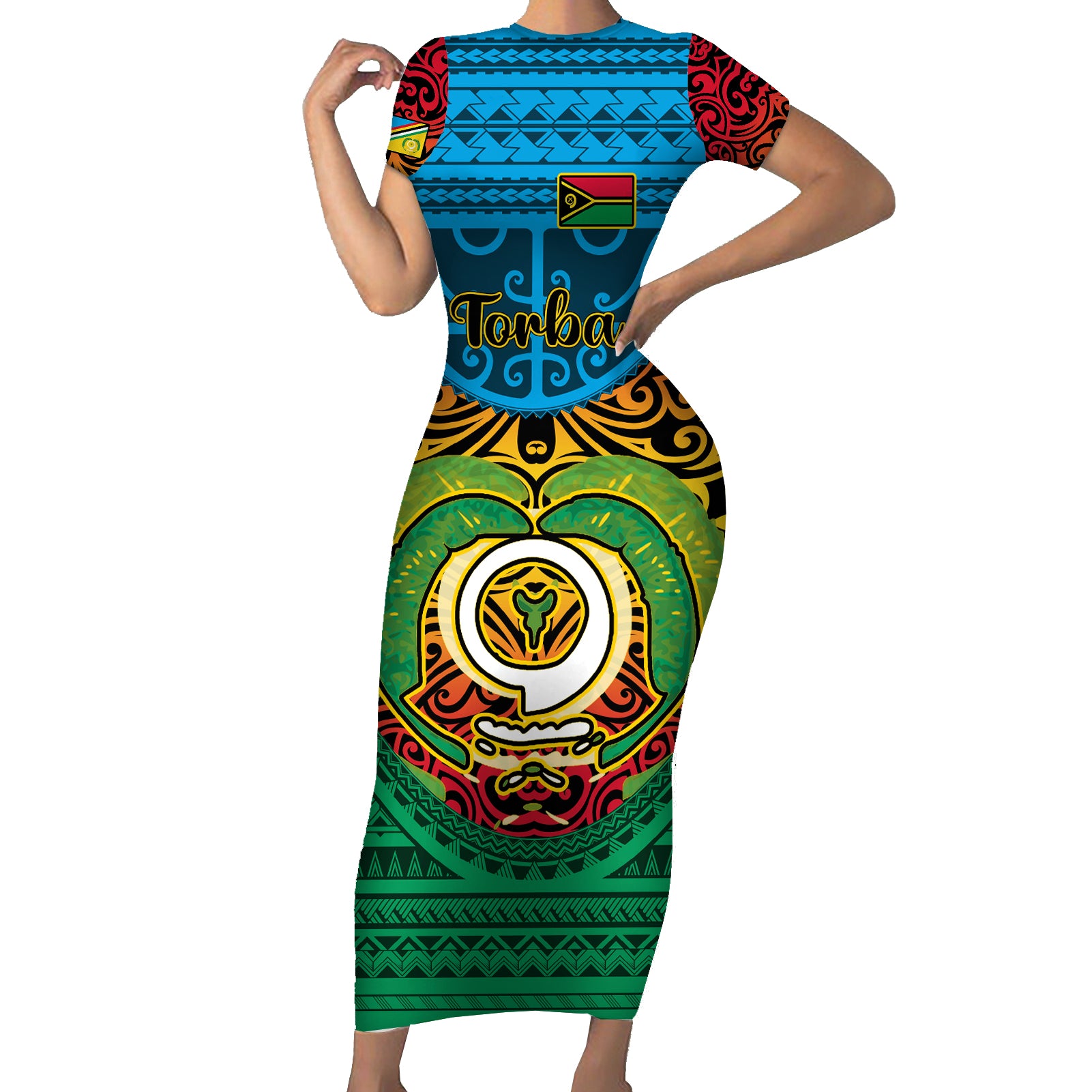 Personalized Vanuatu Torba Province Short Sleeve Bodycon Dress Vanuatuan Coat Of Arms Polynesian Pattern LT05 Long Dress Green - Polynesian Pride