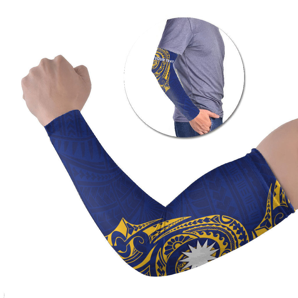 Personalised Nauru Angam Day Arm Sleeves Gold Navy Tribal Pattern LT05 Set of 2 Blue - Polynesian Pride