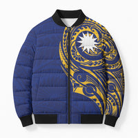 Personalised Nauru Angam Day Bomber Puffer Jacket Gold Navy Tribal Pattern LT05 Unisex Blue - Polynesian Pride
