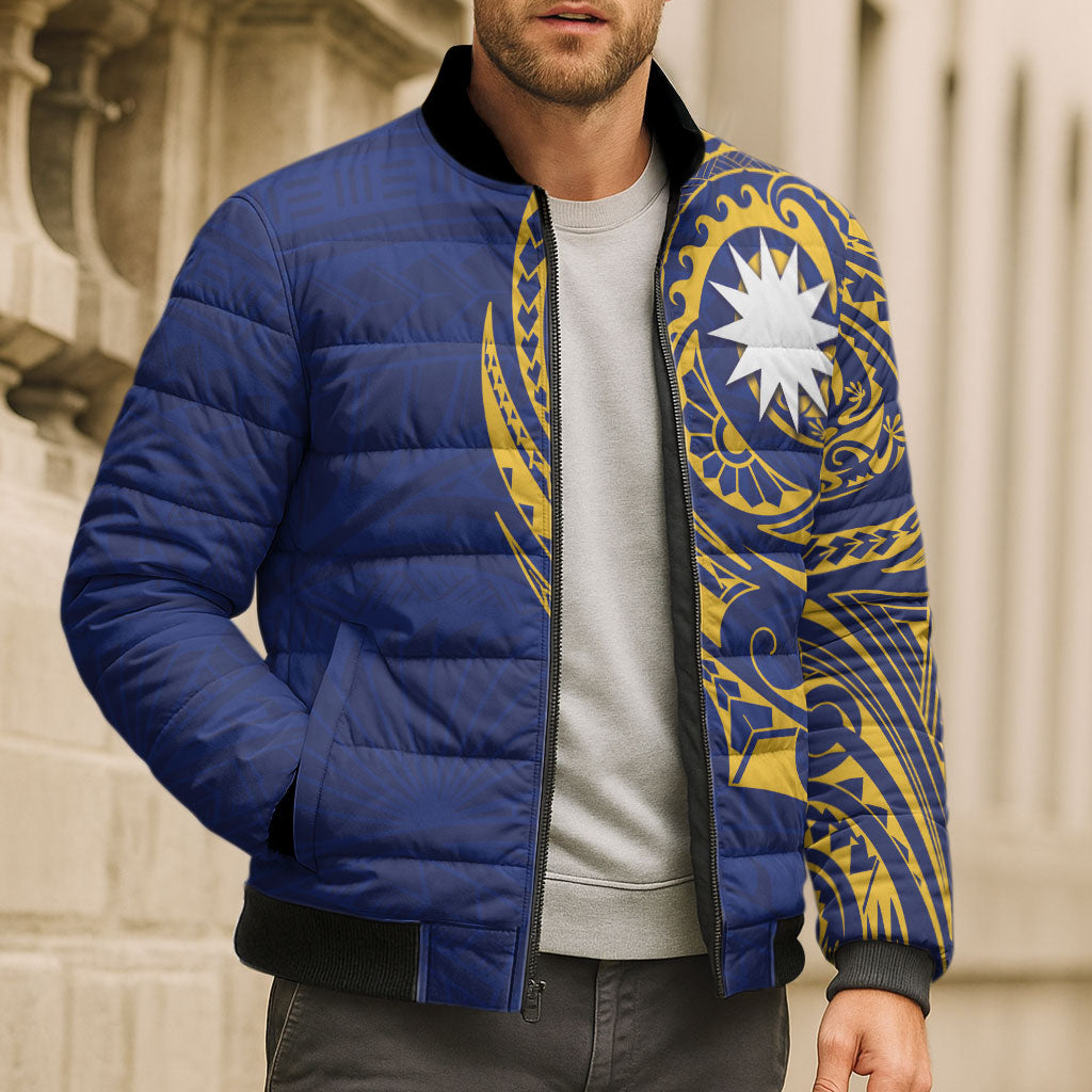 Personalised Nauru Angam Day Bomber Puffer Jacket Gold Navy Tribal Pattern LT05 - Polynesian Pride