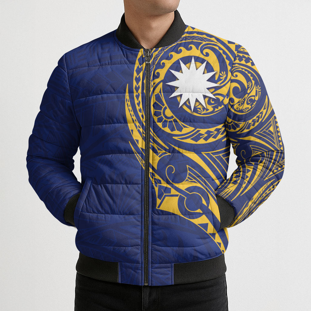Personalised Nauru Angam Day Bomber Puffer Jacket Gold Navy Tribal Pattern LT05 - Polynesian Pride