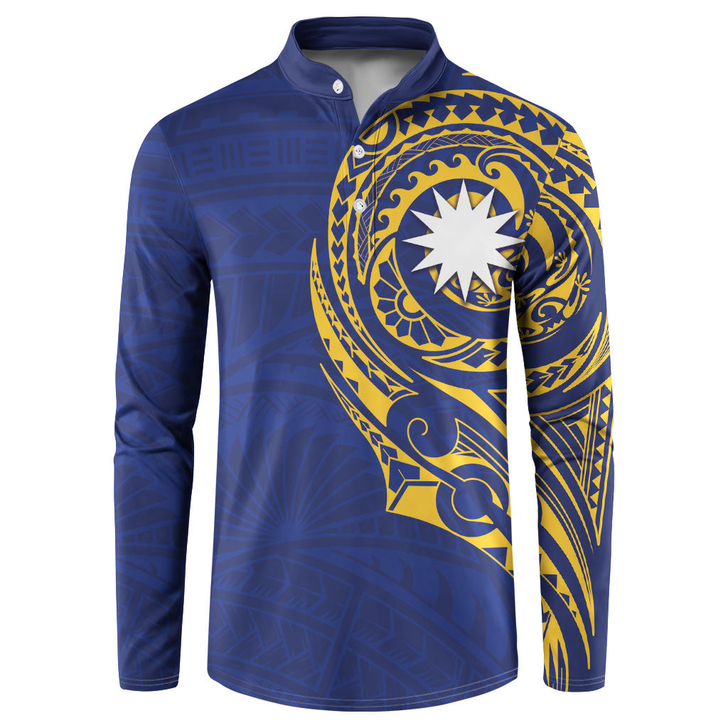 Personalised Nauru Angam Day Button Sweatshirt Gold Navy Tribal Pattern LT05 Blue - Polynesian Pride