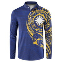 Personalised Nauru Angam Day Button Sweatshirt Gold Navy Tribal Pattern LT05 Blue - Polynesian Pride