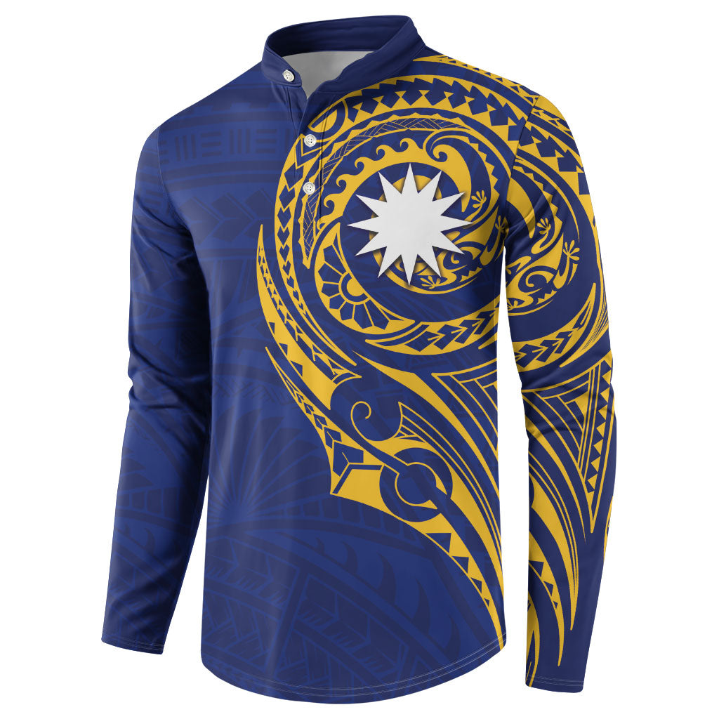 Personalised Nauru Angam Day Button Sweatshirt Gold Navy Tribal Pattern LT05 - Polynesian Pride