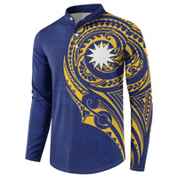 Personalised Nauru Angam Day Button Sweatshirt Gold Navy Tribal Pattern LT05 - Polynesian Pride