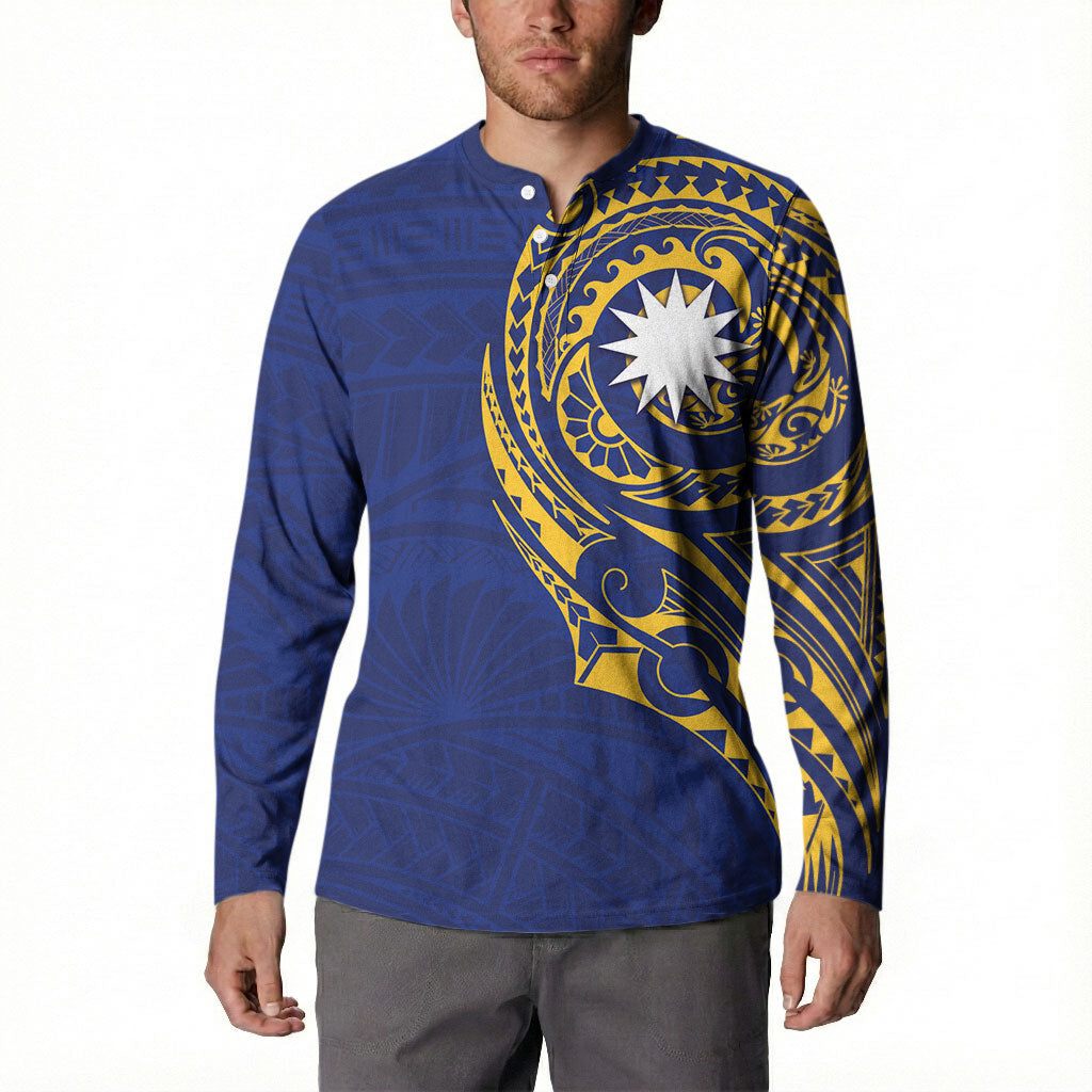 Personalised Nauru Angam Day Button Sweatshirt Gold Navy Tribal Pattern LT05 - Polynesian Pride