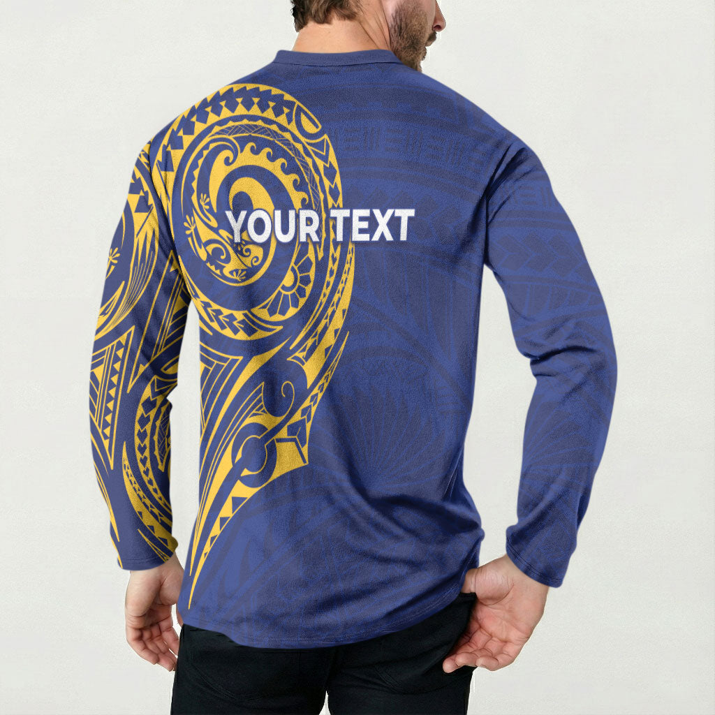 Personalised Nauru Angam Day Button Sweatshirt Gold Navy Tribal Pattern LT05 - Polynesian Pride