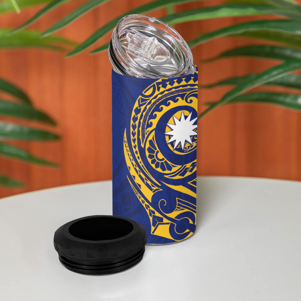 Personalised Nauru Angam Day 4 in 1 Can Cooler Tumbler Gold Navy Tribal Pattern LT05 - Polynesian Pride