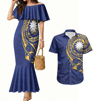 Personalised Nauru Angam Day Couples Matching Mermaid Dress and Hawaiian Shirt Gold Navy Tribal Pattern LT05 Blue - Polynesian Pride