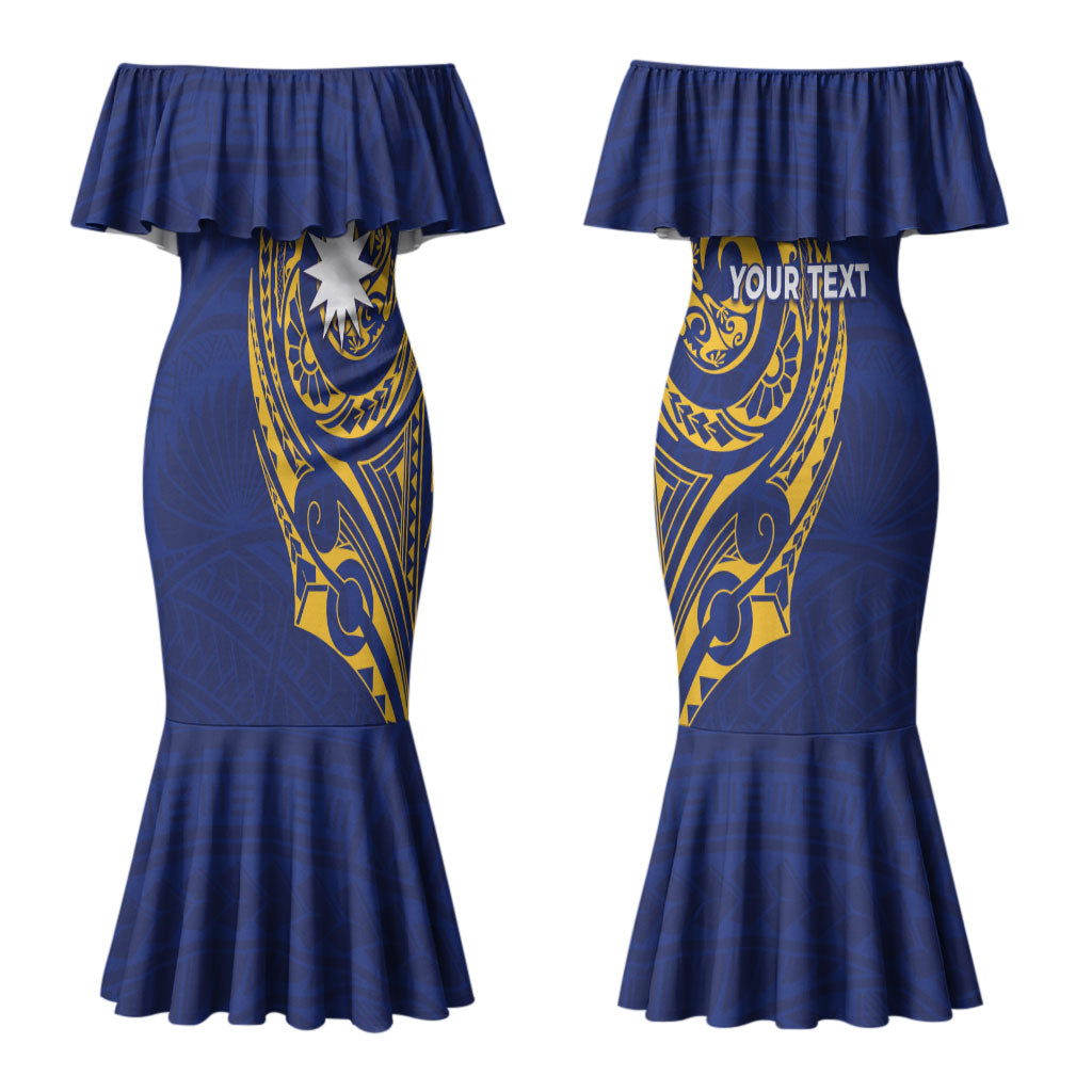 Personalised Nauru Angam Day Couples Matching Mermaid Dress and Hawaiian Shirt Gold Navy Tribal Pattern LT05 - Polynesian Pride