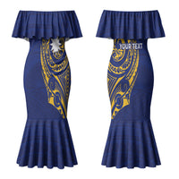 Personalised Nauru Angam Day Couples Matching Mermaid Dress and Hawaiian Shirt Gold Navy Tribal Pattern LT05 - Polynesian Pride
