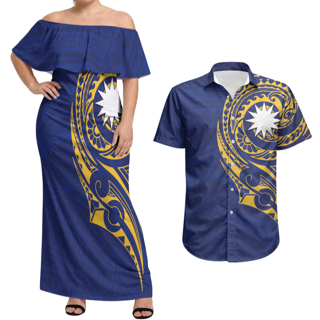 Personalised Nauru Angam Day Couples Matching Off Shoulder Maxi Dress and Hawaiian Shirt Gold Navy Tribal Pattern LT05 Blue - Polynesian Pride