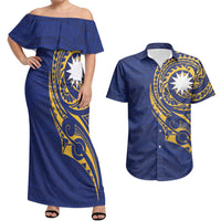 Personalised Nauru Angam Day Couples Matching Off Shoulder Maxi Dress and Hawaiian Shirt Gold Navy Tribal Pattern LT05 Blue - Polynesian Pride