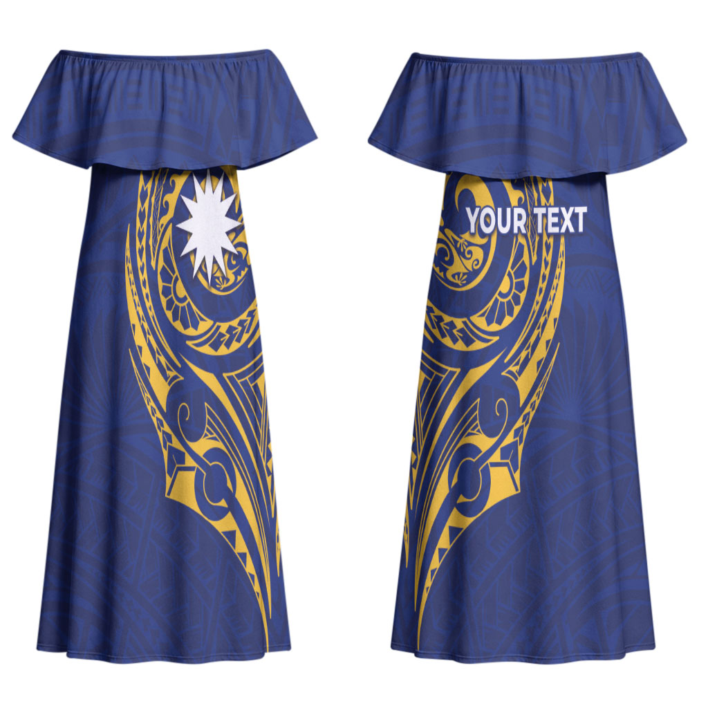 Personalised Nauru Angam Day Couples Matching Off Shoulder Maxi Dress and Hawaiian Shirt Gold Navy Tribal Pattern LT05 - Polynesian Pride