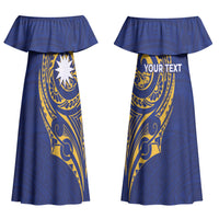 Personalised Nauru Angam Day Couples Matching Off Shoulder Maxi Dress and Hawaiian Shirt Gold Navy Tribal Pattern LT05 - Polynesian Pride