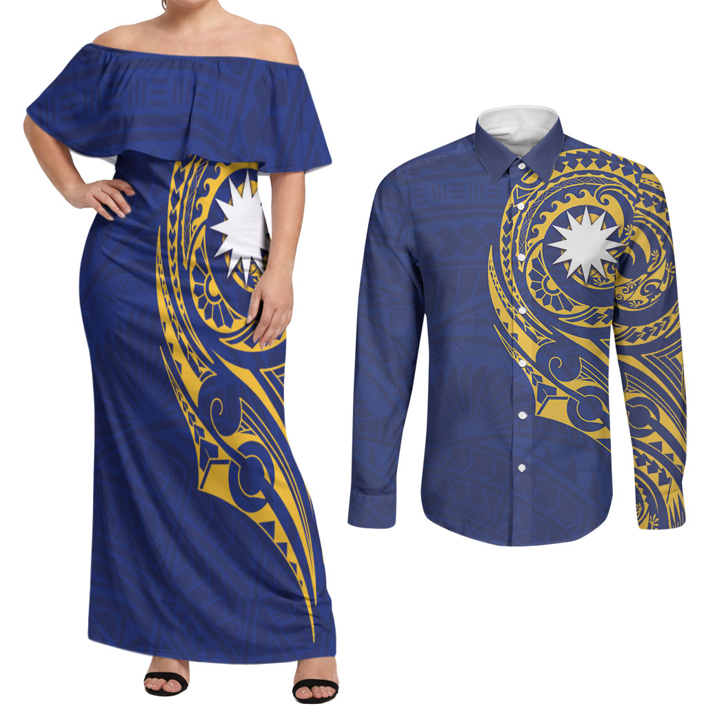 Personalised Nauru Angam Day Couples Matching Off Shoulder Maxi Dress and Long Sleeve Button Shirt Gold Navy Tribal Pattern LT05 Blue - Polynesian Pride