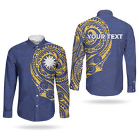 Personalised Nauru Angam Day Couples Matching Off Shoulder Maxi Dress and Long Sleeve Button Shirt Gold Navy Tribal Pattern LT05 - Polynesian Pride