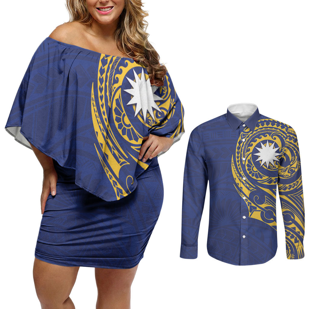 Personalised Nauru Angam Day Couples Matching Off Shoulder Short Dress and Long Sleeve Button Shirt Gold Navy Tribal Pattern LT05 Blue - Polynesian Pride