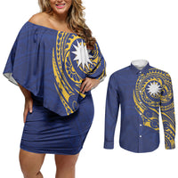 Personalised Nauru Angam Day Couples Matching Off Shoulder Short Dress and Long Sleeve Button Shirt Gold Navy Tribal Pattern LT05 Blue - Polynesian Pride