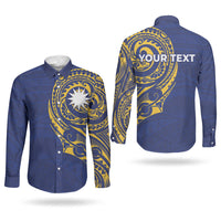 Personalised Nauru Angam Day Couples Matching Off Shoulder Short Dress and Long Sleeve Button Shirt Gold Navy Tribal Pattern LT05 - Polynesian Pride