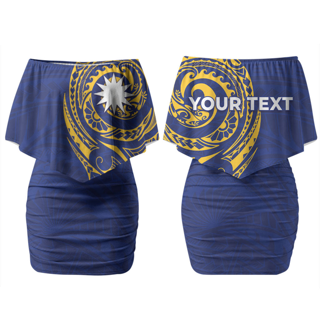 Personalised Nauru Angam Day Couples Matching Off Shoulder Short Dress and Long Sleeve Button Shirt Gold Navy Tribal Pattern LT05 - Polynesian Pride