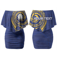 Personalised Nauru Angam Day Couples Matching Off Shoulder Short Dress and Long Sleeve Button Shirt Gold Navy Tribal Pattern LT05 - Polynesian Pride