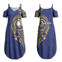Personalised Nauru Angam Day Couples Matching Summer Maxi Dress and Hawaiian Shirt Gold Navy Tribal Pattern