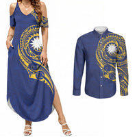 Personalised Nauru Angam Day Couples Matching Summer Maxi Dress and Long Sleeve Button Shirt Gold Navy Tribal Pattern LT05 Blue - Polynesian Pride
