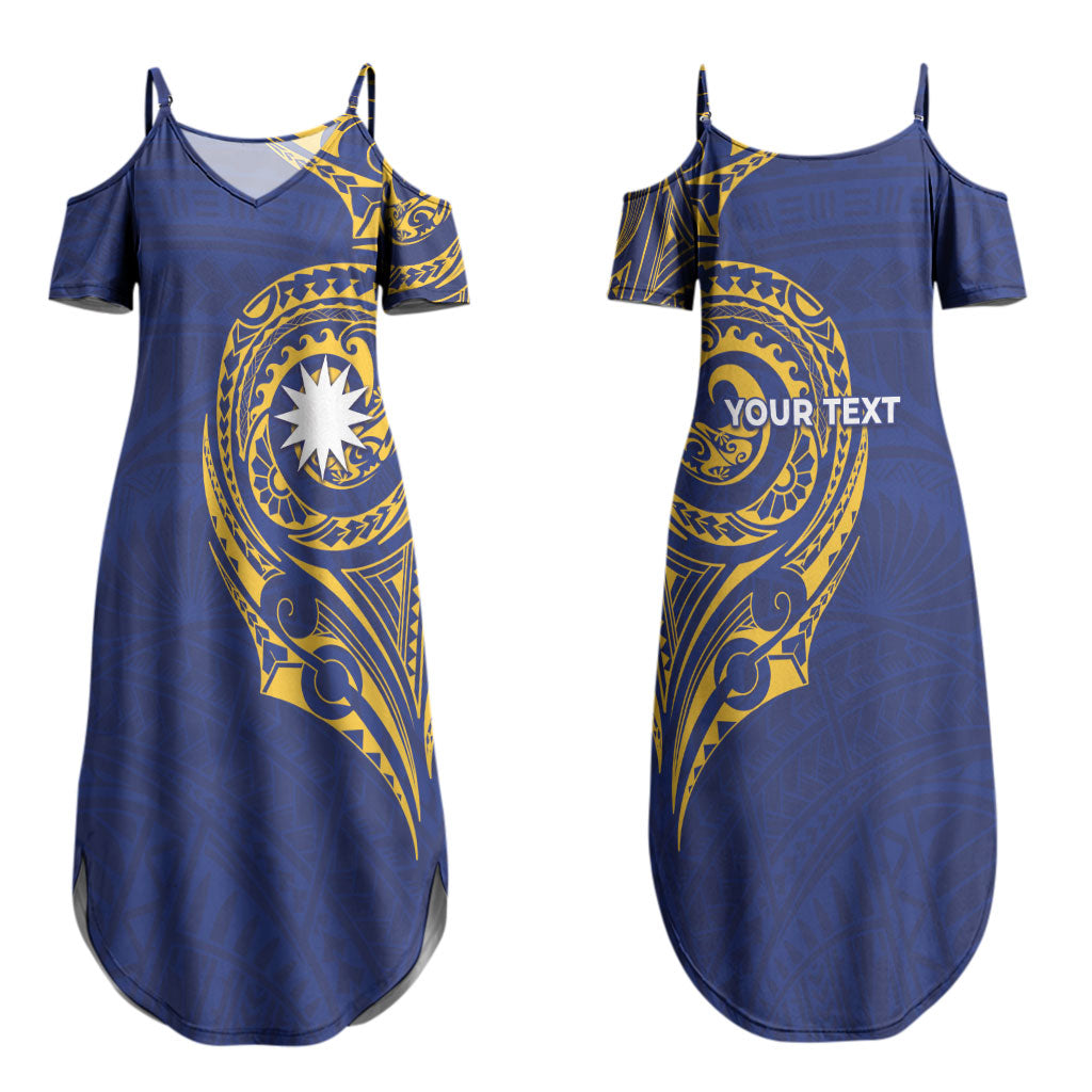 Personalised Nauru Angam Day Couples Matching Summer Maxi Dress and Long Sleeve Button Shirt Gold Navy Tribal Pattern LT05 - Polynesian Pride