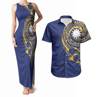 Personalised Nauru Angam Day Couples Matching Tank Maxi Dress and Hawaiian Shirt Gold Navy Tribal Pattern LT05 Blue - Polynesian Pride