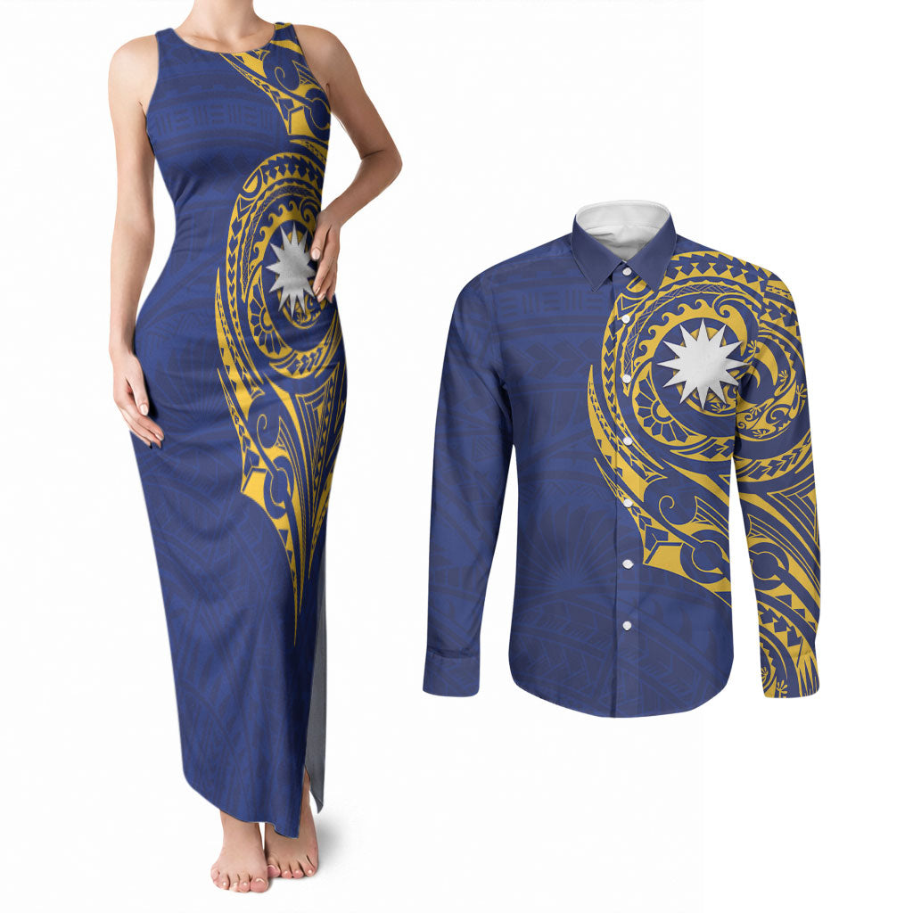 Personalised Nauru Angam Day Couples Matching Tank Maxi Dress and Long Sleeve Button Shirt Gold Navy Tribal Pattern LT05 Blue - Polynesian Pride
