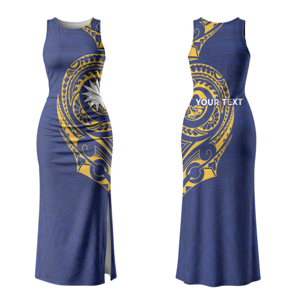 Personalised Nauru Angam Day Couples Matching Tank Maxi Dress and Long Sleeve Button Shirt Gold Navy Tribal Pattern LT05 - Polynesian Pride