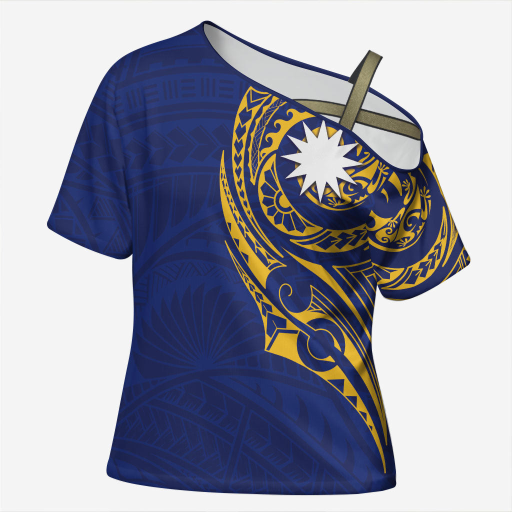 Personalised Nauru Angam Day Cross Shoulder Shirt Gold Navy Tribal Pattern LT05 Female Blue - Polynesian Pride