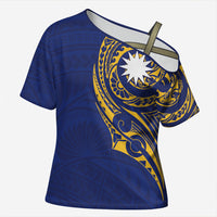 Personalised Nauru Angam Day Cross Shoulder Shirt Gold Navy Tribal Pattern LT05 Female Blue - Polynesian Pride