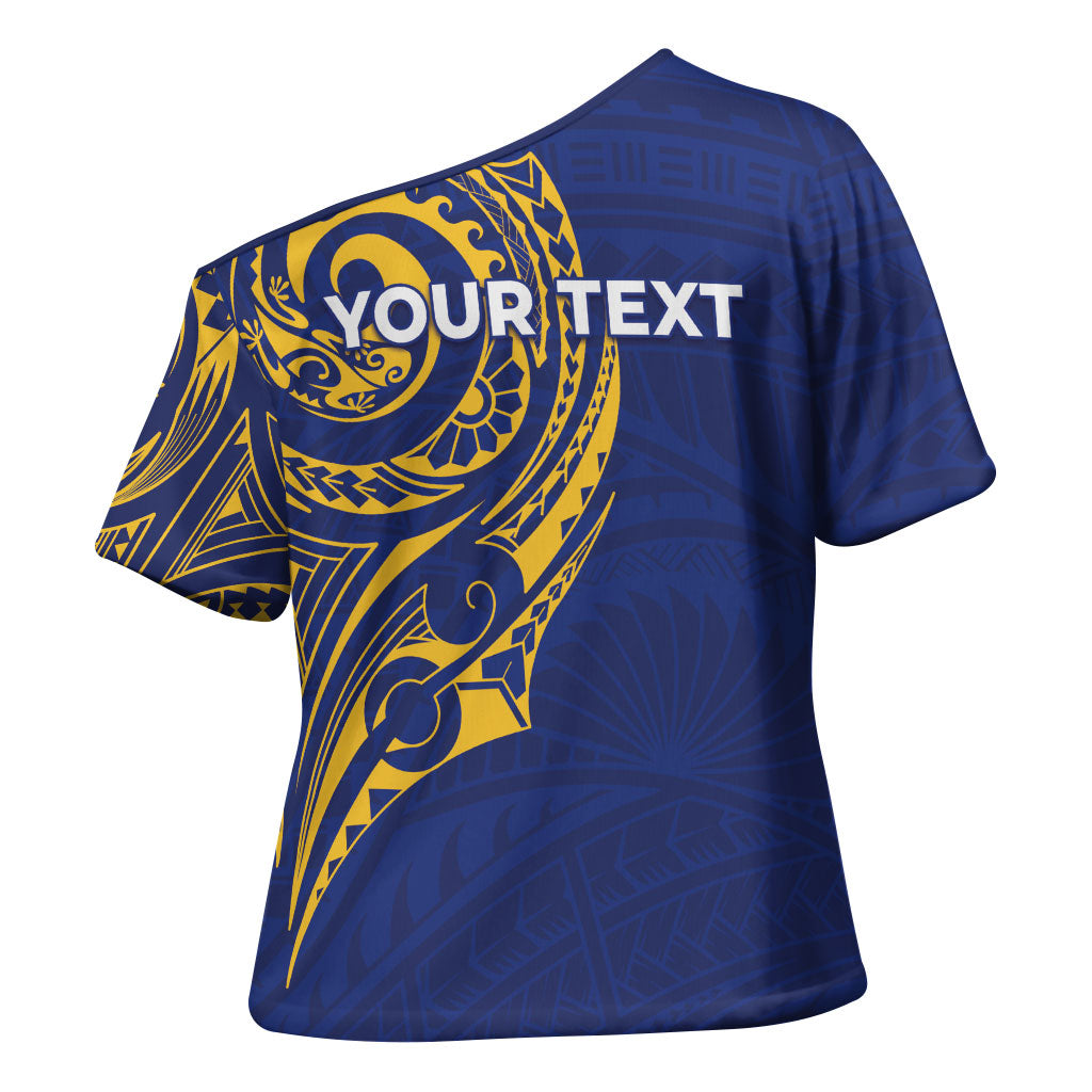 Personalised Nauru Angam Day Cross Shoulder Shirt Gold Navy Tribal Pattern LT05 - Polynesian Pride
