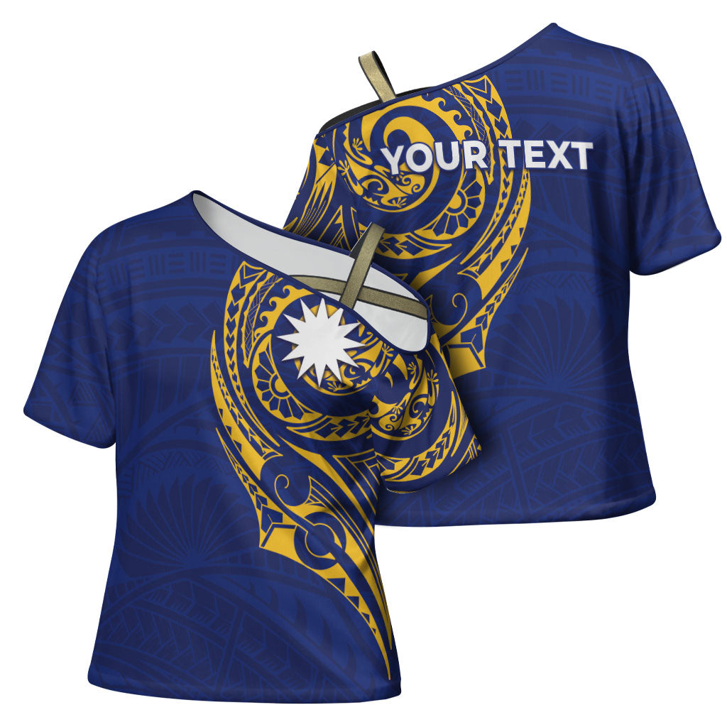 Personalised Nauru Angam Day Cross Shoulder Shirt Gold Navy Tribal Pattern LT05 - Polynesian Pride