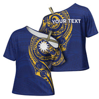 Personalised Nauru Angam Day Cross Shoulder Shirt Gold Navy Tribal Pattern LT05 - Polynesian Pride