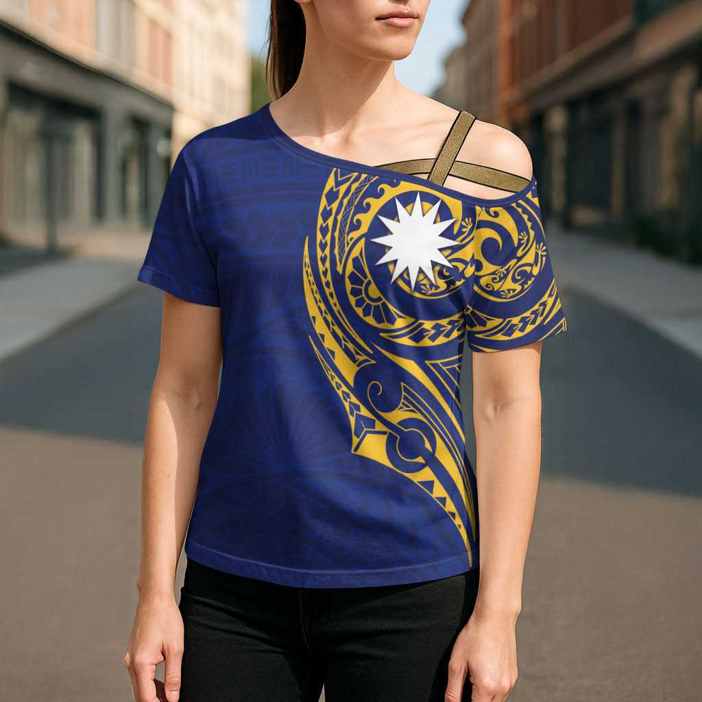 Personalised Nauru Angam Day Cross Shoulder Shirt Gold Navy Tribal Pattern LT05 - Polynesian Pride