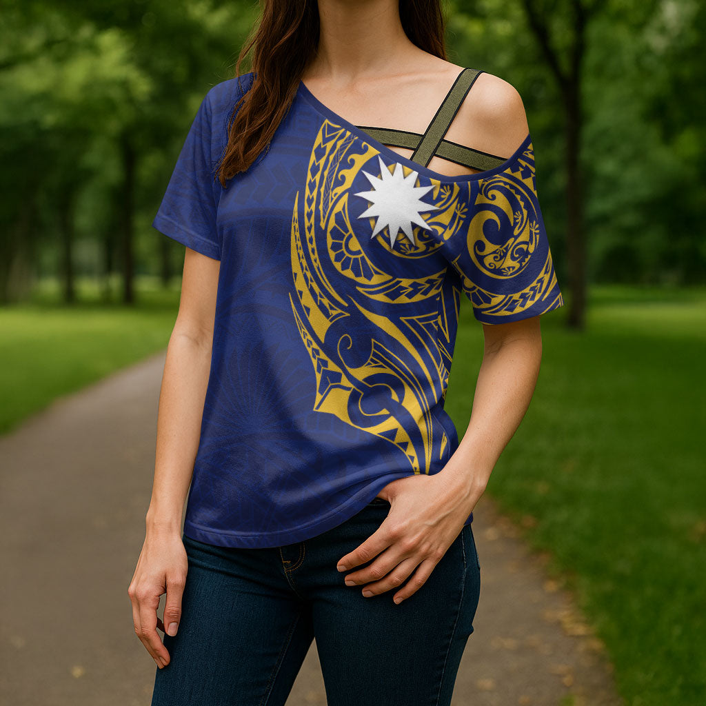 Personalised Nauru Angam Day Cross Shoulder Shirt Gold Navy Tribal Pattern LT05 - Polynesian Pride