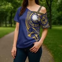 Personalised Nauru Angam Day Cross Shoulder Shirt Gold Navy Tribal Pattern LT05 - Polynesian Pride